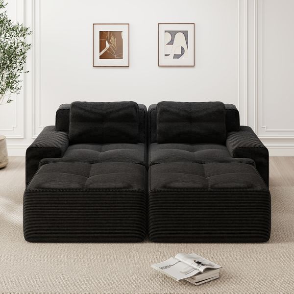 Modulares 2-Sitzer Sofa H 69 x T 204 x B 177 cm aus Cord mit Ottoman, 74 cm Sitztiefe, montagefrei, schwarz
