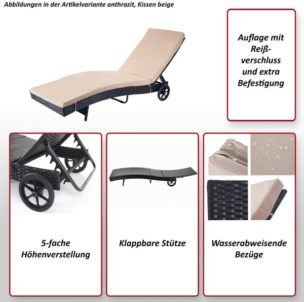 Sonnenliege HWC-D80, Gartenliege Relaxliege Liege, Poly-Rattan ~ grau, Kissen dunkelgrau Bild 2