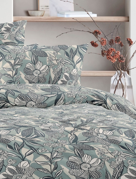 Irisette Wave Mako-Satin Bettwäsche 155x220 Blüten Blätter salbei 8585-30