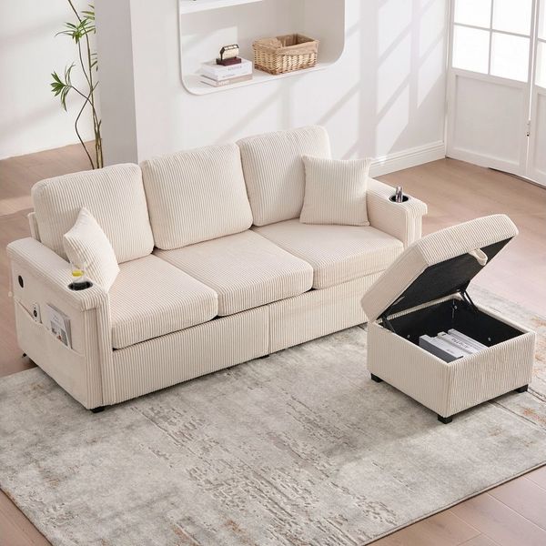 KLAM HOME Sofa Hochwertiges 3-Sitzer Samtsofa mit LED-Beleuchtung & USB-C-Port, Mit Stauraum-Fußteil, praktischen Getränkehaltern und Seitentaschen, Premium Qualität für Wohnzimmer, Schlafzimmer oder Büro