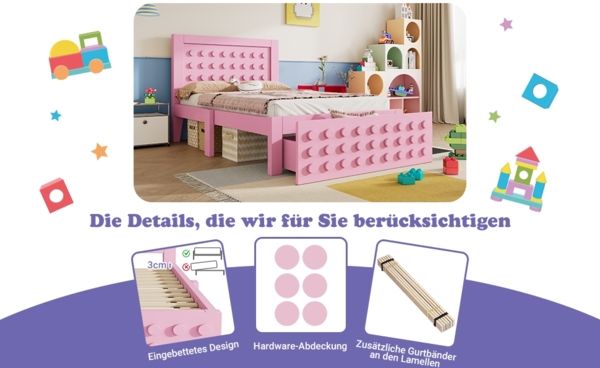 Bett 90x190 cm mit Stauraum aus Holz in Rosa – kreatives Blockdesign mit Schublade Bild 6