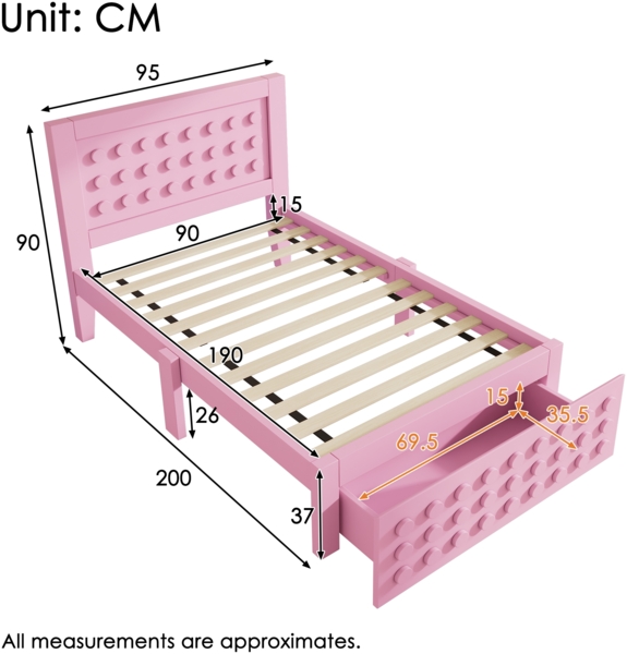 Bett 90x190 cm mit Stauraum aus Holz in Rosa – kreatives Blockdesign mit Schublade Bild 7