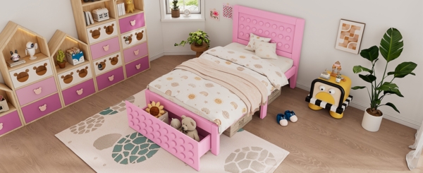 Bett 90x190 cm mit Stauraum aus Holz in Rosa – kreatives Blockdesign mit Schublade Bild 2