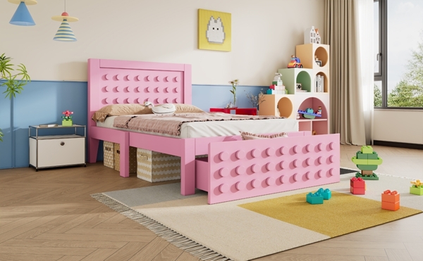 Bett 90x190 cm mit Stauraum aus Holz in Rosa – kreatives Blockdesign mit Schublade Bild 3