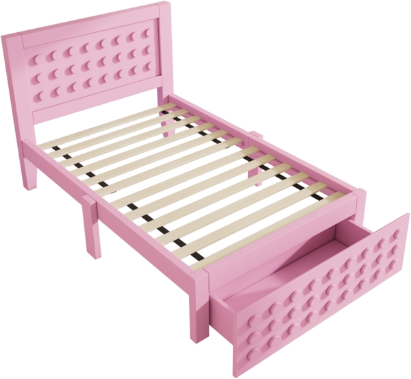 Bett 90x190 cm mit Stauraum aus Holz in Rosa – kreatives Blockdesign mit Schublade Bild 9