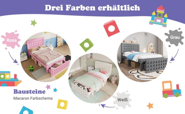 Bett 90x190 cm mit Stauraum aus Holz in Rosa – kreatives Blockdesign mit Schublade Bild 5