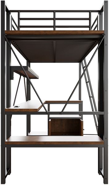 Hochbett mit Schreibtisch, LED-Streifen, Wandgitter, Regal, Schrank, Steckdose, USB, Type-C, Rausfallschutz, 90x200cm, Kinderbett, Metallbett Bild 10