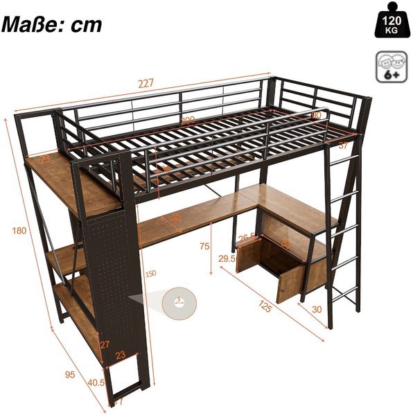 Hochbett mit Schreibtisch, LED-Streifen, Wandgitter, Regal, Schrank, Steckdose, USB, Type-C, Rausfallschutz, 90x200cm, Kinderbett, Metallbett Bild 6