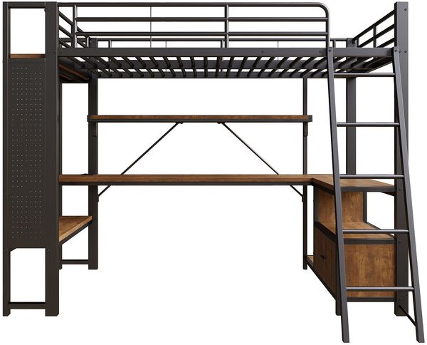 Hochbett mit Schreibtisch, LED-Streifen, Wandgitter, Regal, Schrank, Steckdose, USB, Type-C, Rausfallschutz, 90x200cm, Kinderbett, Metallbett Bild 8