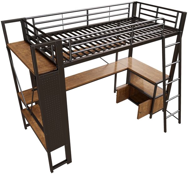 Hochbett mit Schreibtisch, LED-Streifen, Wandgitter, Regal, Schrank, Steckdose, USB, Type-C, Rausfallschutz, 90x200cm, Kinderbett, Metallbett Bild 7