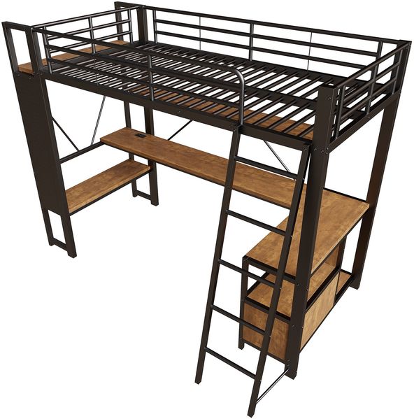 Hochbett mit Schreibtisch, LED-Streifen, Wandgitter, Regal, Schrank, Steckdose, USB, Type-C, Rausfallschutz, 90x200cm, Kinderbett, Metallbett Bild 9