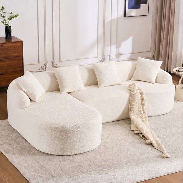 HAUSS SPOLE Schlafsofa L-förmig Chaiselongue Linke mit 2-Sitzer,Loungesofa mit Kissen,Weiß, Kompressionssofa mit modularem Aufbau, Bogenförmige Gestaltung für ergonomische Sitzposition