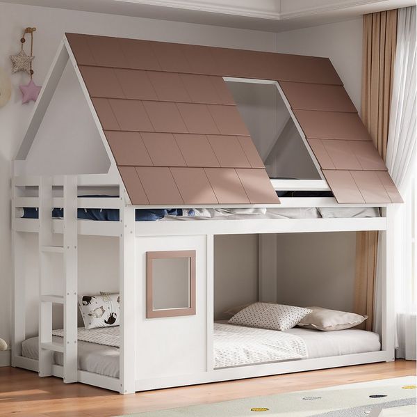 Merax Etagenbett mit Dach, Fenster und Leiter (1-St), Kinderbett 140x200cm, Kieferholz Jugendbett Stockbett Hausbett