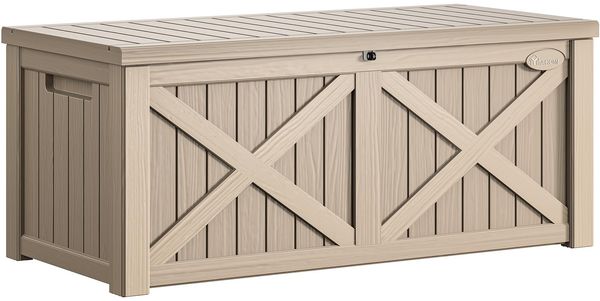 YITAHOME 450L Große Gartenbox mit X-förmiger Front, wasserdichte Resin Aufbewahrungsbox als Sitzbank für Terrasse, Poolzubehör & Gartengeräte – Abschließbar, Taupe