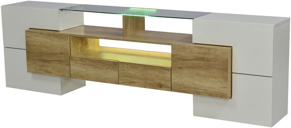 TV-Schrank Lowboard 200 cm in Hochglanz-Weiß mit LED-Beleuchtung, Glasoberfläche und viel Stauraum, für TVs 60-69 Zoll