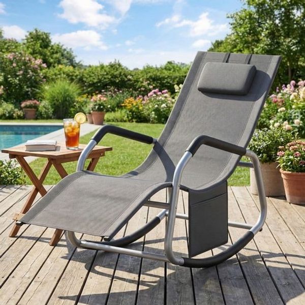 SONGMICS Relaxliege mit verstellbarer Kopfstütze, Schaukelstuhl, Stahlrahmen, Seitentasche, für Garten, atmungsaktiv, dunkelgrau