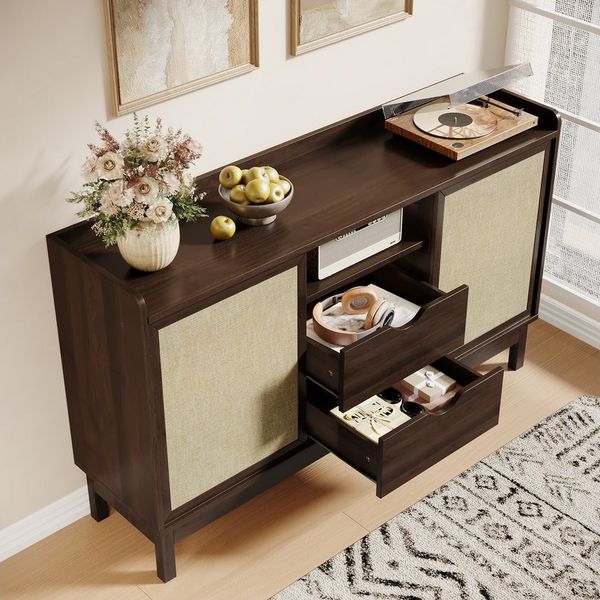 Merax Sideboard Retro Anrichte Wohnzimmerschrank Buffetschrank (1 St, Aufbewahrungsmöbel für Wohn- und Esszimmer), Kommode mit Schiebetüren, 2 Schubladen & offenen Regalen,150x39,5x80cm