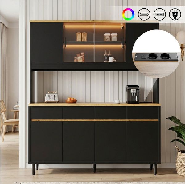 BlingBin Hochschrank 160 x 40 x 185 cm Buffetschränke Mit Farbigem Lichtstreifen, Küchenbuffet (1er Set, 1-St, Tragfähigkeit: 45kg, Integrierte Steckdose, USB-C- & USB-A-Anschlüsse) Küchenschrank mit Mehrstufigem Stauraum für Esszimmer, Schwarz+Eiche