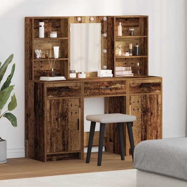 vidaXL Schminktischset mit LED mit Regal 3 pcs Altholz Holzwerkstoff 3334297