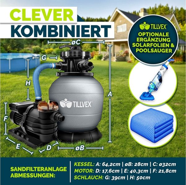 tillvex Sandfilteranlage 10 m³/h Filteranlage + 800g Filterbälle 7-Wege Ventil Poolfilter, Filterkessel mit Druckanzeige Sandfilter für Pool und Schwimmbecken