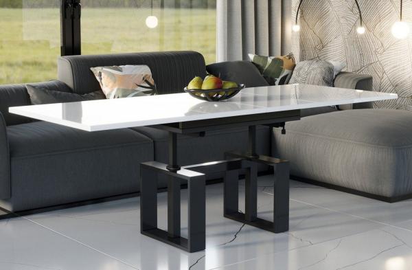Couchtisch "Empoli" 110-170cm ausziehbar und höhenverstellbar, Doppellift Metall, Couch- & Esstisch in einem (Weiß Hochglanz)