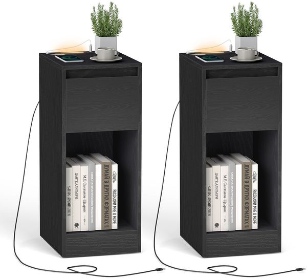 VASAGLE Nachttisch 2er Set, schmal, Beistelltisch, LED-Beleuchtung, 1 USB-A-Anschluss, 1 USB-C-Anschluss, Schublade, offenes Fach, für Schlafzimmer, Wohnzimmer, ebenholzschwarz LETDE710B01