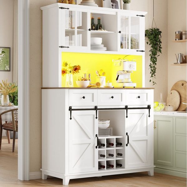 KLAM HOME Küchenbuffet Hochschrank Küchenbuffet, Vitrinenschrank, 105×38.4×180cm (Buffetschrank mit Verstellbaren Ablagen, Sideboard mit LED-Beleuchtung) Küchenschrank mit variable Lichtfarben, schwarz