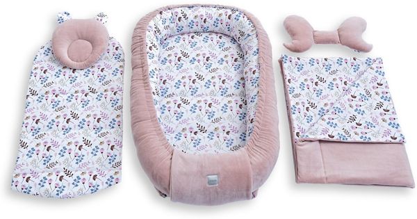 Loolay Kuschelnest BABYNEST 5 TLG. Set PREMIUM Babyausstattung Baumwolle & Samt Velours, (MUSTER: ROSA Samt Velour/ Blumen Rosa, 5-tlg, Liebevoll handgefertigt Nestchen! Geborgenheit Komfort für Neugeborene), Premium Ausstattung - 100% Europäische Stof...