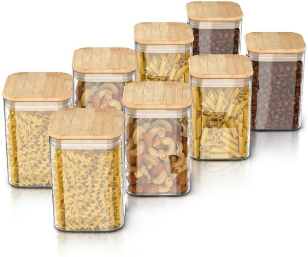 Arendo Aufbewahrungsbecher Glasbehälter-Set 8x 1,2 L Borosilikatglas mit Bambusdeckel, luftdicht, Borosilikatglas, Bambus, Silikon, (Vorratsbehälter-Set, 8-tlg, 8er Set), Hitzebeständig, umweltfreundlich, langlebig, mikrowellengeeignet