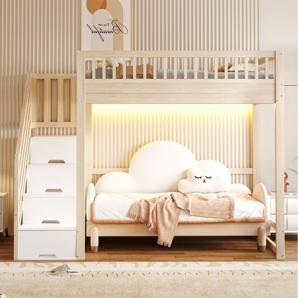 Odikalo Hochbett 140x200 Kinderbett Jugendbett mit LED, Stauraumtreppe (mit Sicherheitsleiter, Sicherheitsgeländer, Bettrahmen aus massivem Kiefernholz, LED-Lichtleiste, austauschbaren Sicherheitsleitern auf beiden Seiten, Kinderbett, Holzfarbe)