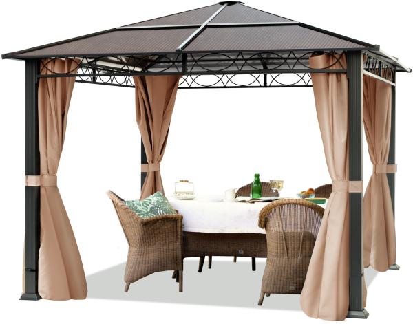 Gartenpavillon 3x3 m wasserdicht ALU Deluxe Pavillon mit 4 Seitenteilen Partyzelt in taupe lichtdurchlässiges PC Dach