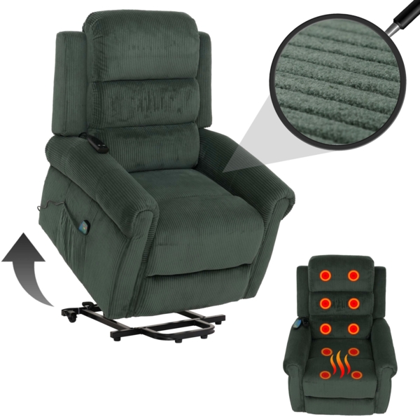 Fernsehsessel HWC-K63, Relaxsessel, Liegefunktion Aufstehhilfe Massage Heizfunktion, Stoff (220g/m²) Cord ~ grün
