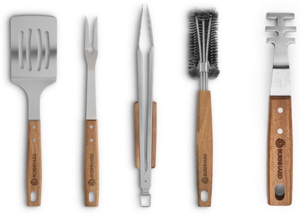 BURNHARD® Grillbesteck-Set 5-tlg. 42 cm, Akazienholz Edelstahl, Grillzubehör mit Grillzange, Grillwender, Fleischgabel, Grillbürste und Rostheber - Multi-Color - #946179