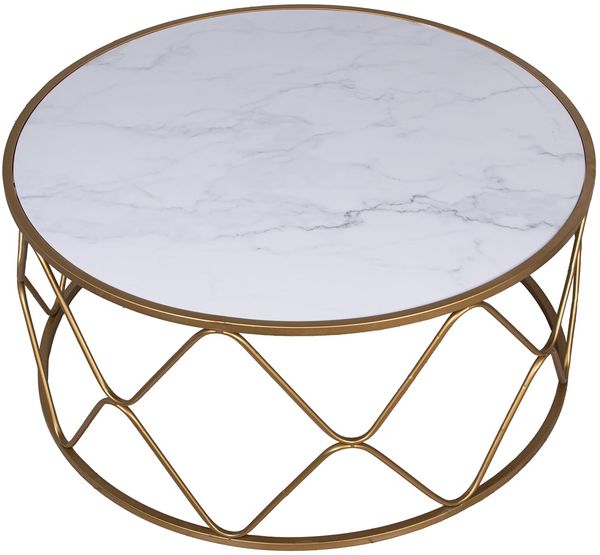 DRW Couchtisch aus Metall und MDF und Acryl mit Marmor-Effekt, goldfarben, 95 x 95 x 45 cm, Holz dm, Gold, 95 x 95 x 45 cm