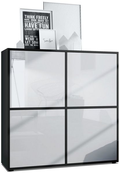 Highboard Cuba V2 Schrank 104 x 105,5 x 35,5 cm Sideboard mit 8 Fächern, Korpus in Schwarz matt / Fronten in Weiß Hochglanz