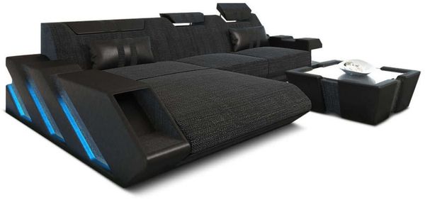 Stoffcouch Apollonia L-Form mit Lederakzenten - Strukturstoff - Schwarzgrau-Schwarz - Links