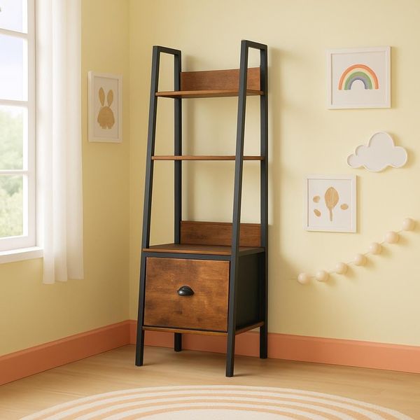 FurnitureR Regale für Kinderzimmer, Regal mit 4 Ebenen, mit Schubladen aus Vlies, für Bücher und Spielzeug, Display und Buchorganizer, für Schlafzimmer, Leseecke, 42 x 29 x 110 cm