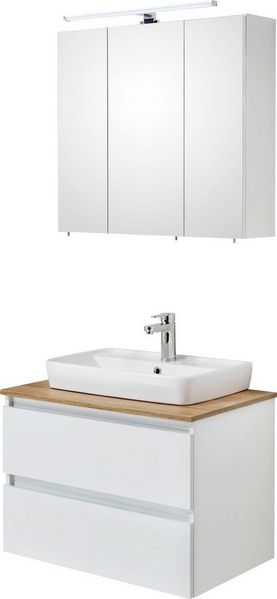 Saphir Badmöbel-Set Quickset 360 2-teilig, Keramik-Aufsatzbecken mit LED-Spiegelschrank, (2-St), Waschtischplatte, 78 cm breit, Weiß Glanz, 3 Türen, 2 Schubladen