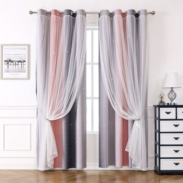 TUWENA Verdunkelungsvorhang Verdunkelungsvorhänge, Glänzend Sterne Vorhänge Farbverlauf 2er Set, Sterne Pattern Mix Weiß Voile Vorhänge mit Ösen Schlafzimmer Gardinen