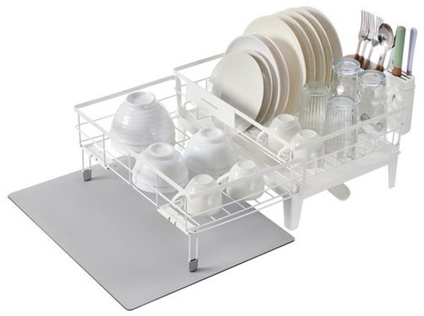 SONGMICS Abtropfgestell Geschirr, ausziehbarer Geschirr-Abtropfständer, wasserabsorbierende Silikonmatte, 360° drehbarer und ausziehbarer Ablauf, (31-56) x 42 x 20 cm, mattweiß-taubengrau