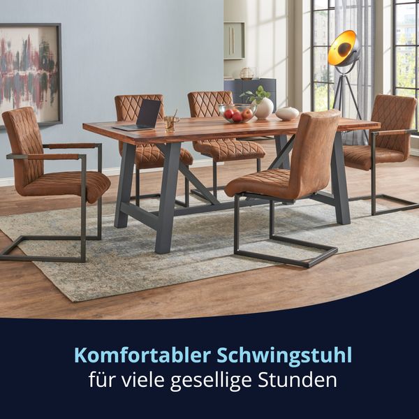 KHG 6er Set Esszimmerstühle mit Armlehnen Bezug aus Mikrofaser Braun | Freischwinger bis 110 kg - Küchenstuhl, Schwingstuhl, Polsterstuhl mit Schaumstofffüllung und Wellenfederung