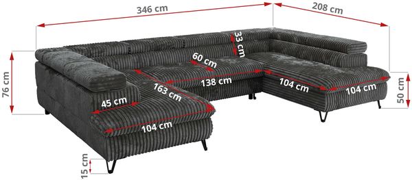 MKS Möbel 'Pablo U-Form' Wohnlandschaft mit Bettkasten, Grau, Cordstoff, Visco Topper Bild 7