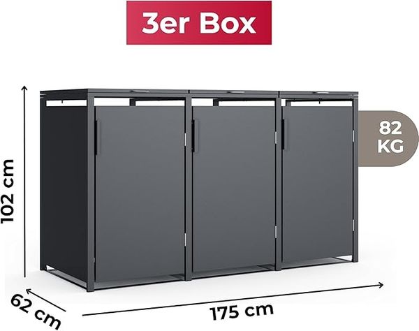 3er Mülltonnenbox für 120 l in Anthrazit - Premium Verkleidung Wetterfest & Korrosionsbeständig - Storage Cabinet Möbelschrank mit Gasdruckdämpfer Soft-Close Deckelseilzug Magnetverschluss Bild 3
