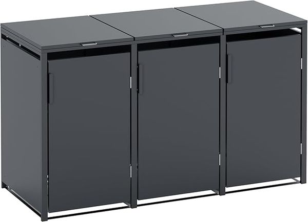 3er Mülltonnenbox für 120 l in Anthrazit - Premium Verkleidung Wetterfest & Korrosionsbeständig - Storage Cabinet Möbelschrank mit Gasdruckdämpfer Soft-Close Deckelseilzug Magnetverschluss