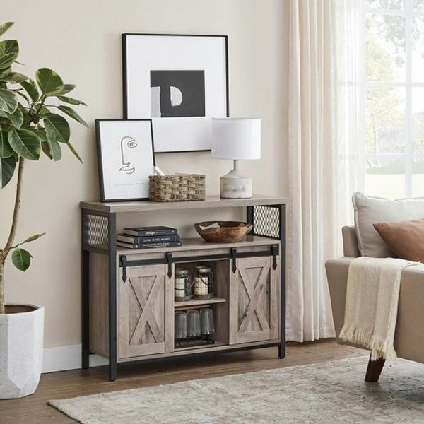 Vasagle Sideboard mit 2 Schiebetüren und verstellbaren Ablagen, Spanplatte, 33 x 100 x 80 cm, Greige / Schwarz