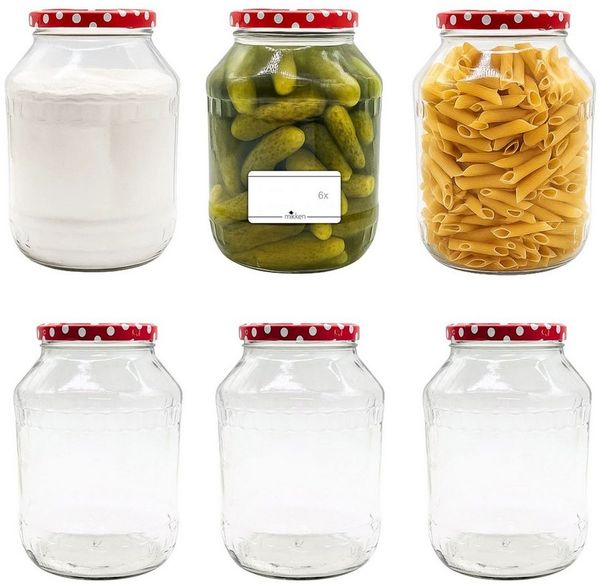 mikken Vorratsglas 6 große Einmachgläser 2650 ML, (Spar-Set, 6er Set Vorratsgläser), mit Twist-Off Deckel TO100 und 6 Etiketten zum Beschriften