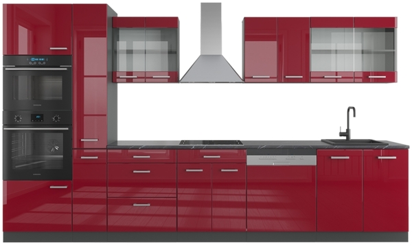 Küchenzeile R-Line Rot Hochglanz/Anthrazit 350 cm mit Hochschrank, ohne Arbeitsplatte Vicco