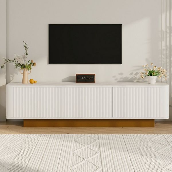 Furnishings Home TV-Schrank Moderner Kurvendesign mit Holzmaserung weißer TV-Schrank 175 cm (1-St) AUSREICHENDER STAURAUM – Vier Türen mit doppeltem Innenfach