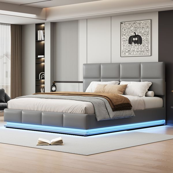 Polsterbett 180×200 cm mit LED und hydraulischem Bettkasten, höhenverstellbarem Kopfteil, Zementgrau, ohne Matratze