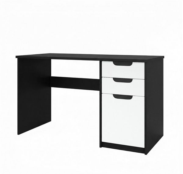 Vladon Schreibtisch Logan (Bürotisch, mit 2 Schubladen und 1 Tür), Schwarz matt/Weiß matt (129 x 76 x 60 cm)